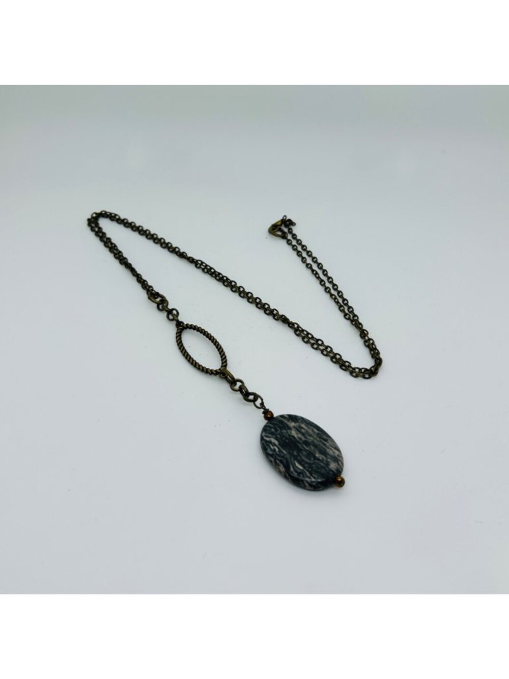 Modernist Bronze Color Jasper Agate Pendant Necklace Chain Oval Bohemian Gothic - Picture 2 of 10